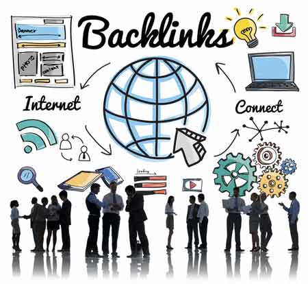 SEO backlink infographic. Person silhuetter under forskellige grafiske elementer der illustrerer indhold/backlink cirklen.