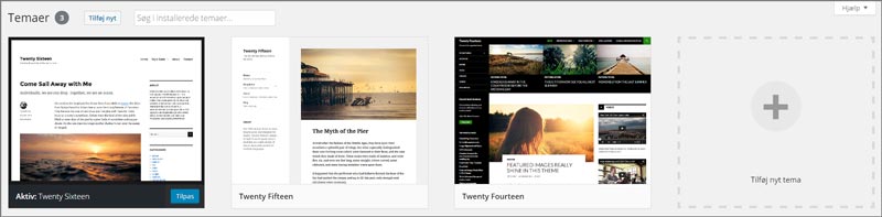 På billedet ses tema oversigten i WordPress kontrolpanel, med tre standardtemaer der bliver installeret automatisk sammen WordPress
